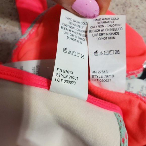 NWT RARE NINETY-NINE DEGREES CROCHET LACE BIKINI SET SZ L TEAL & NEON PINK - Picture 7 of 11